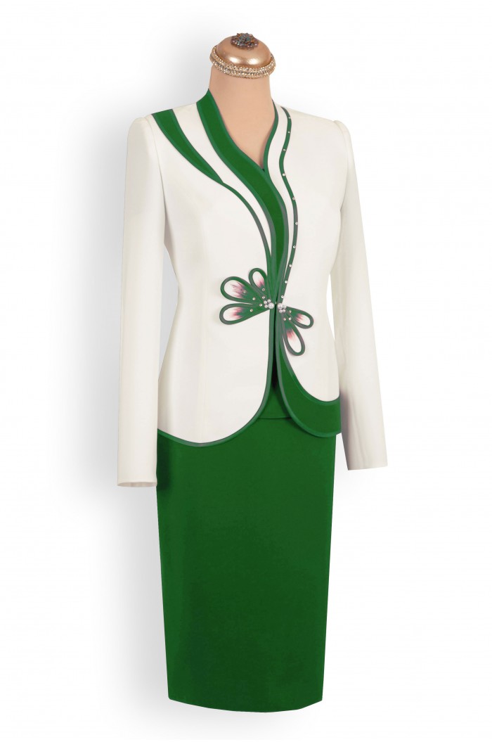 Costum Dama Verde cu Alb Marimi Mari xxl pentru Ocazii si Nunta