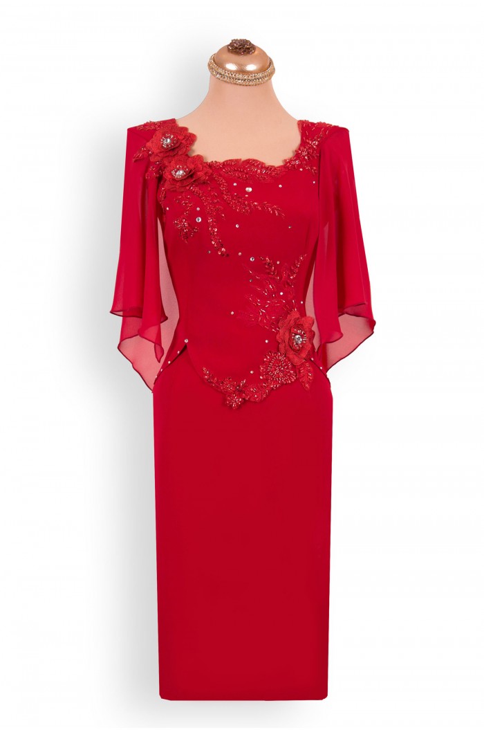Rochie de Ocazie Midi Rosie cu Maneca Lunga de Craciun Revelion