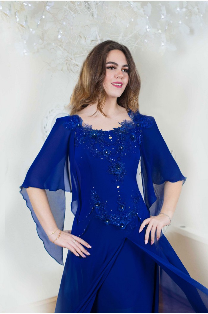 Rochie XXL de Ocazie Bleumarin Lunga cu Fusta de Voal si Maneci