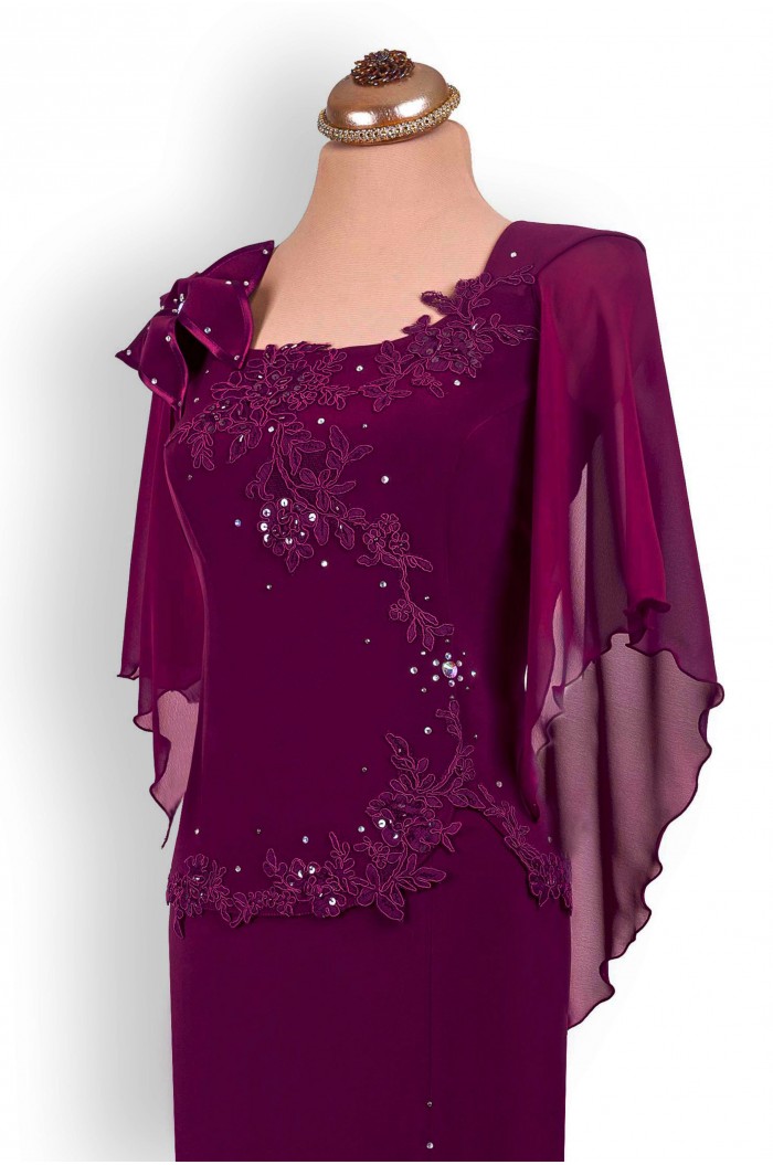 Rochie de Nunta Marimi Mari XXL Midi Mov cu maneci si dantela de soacra