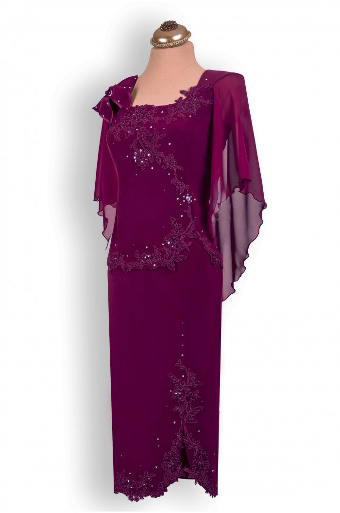 Rochie de Nunta Marimi Mari XXL Midi Mov cu maneci si dantela de soacra
