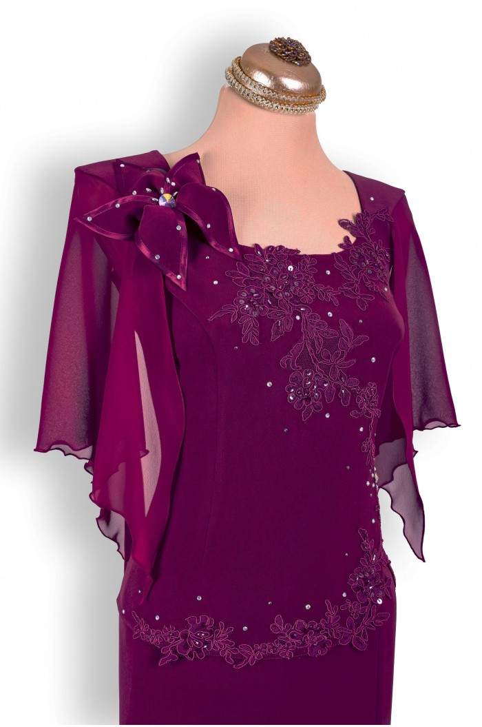 Rochie de Nunta Marimi Mari XXL Midi Mov cu maneci si dantela de soacra