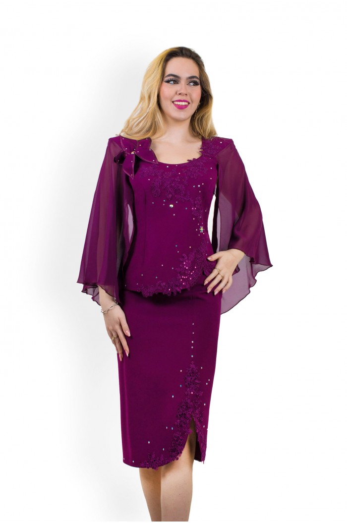 Rochie de Nunta Marimi Mari XXL Midi Mov cu maneci si dantela de soacra