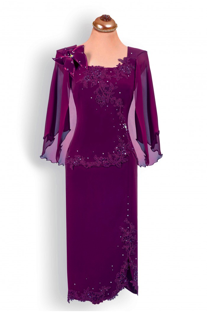 Rochie de Nunta Marimi Mari XXL Midi Mov cu maneci si dantela de soacra