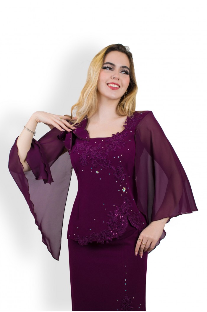 Rochie de Nunta Marimi Mari XXL Midi Mov cu maneci si dantela de soacra