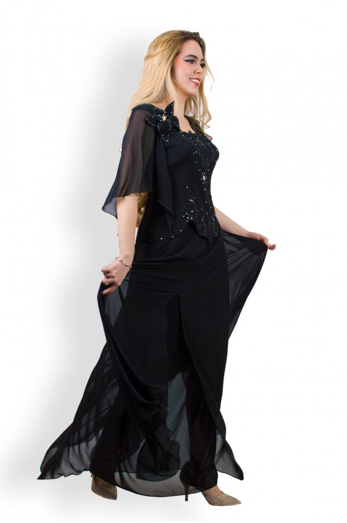 Rochie lunga neagra cu fusta de voal clos si dantela marimi mari xxl