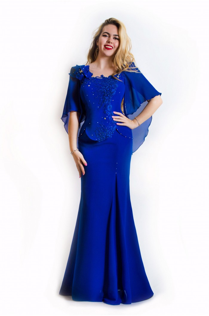 Rochie eleganta lunga albastra de ocazie cu dantela