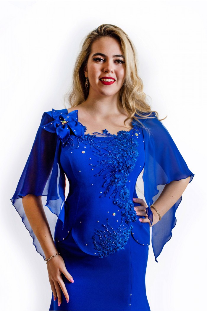 Rochie eleganta lunga albastra de ocazie cu dantela