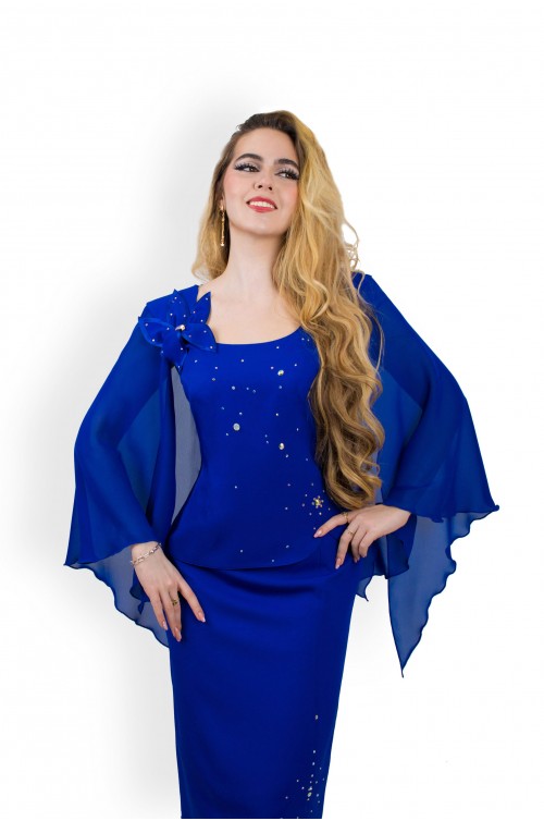Costum Elegant Albastru in 2 Piese cu Maneci Floare si Strasuri 2022 pentru Nunta si Ocazii Speciale