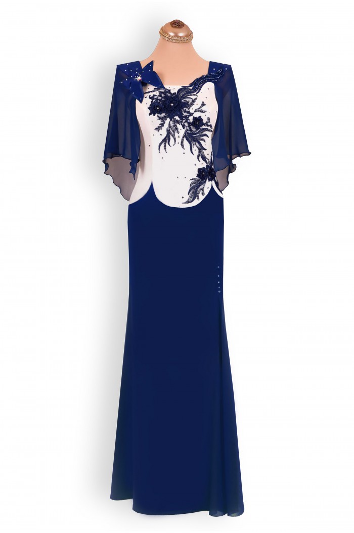 Rochie de Nunta Botez Lunga Bleumarin in 2 Piese cu Dantela si Maneci