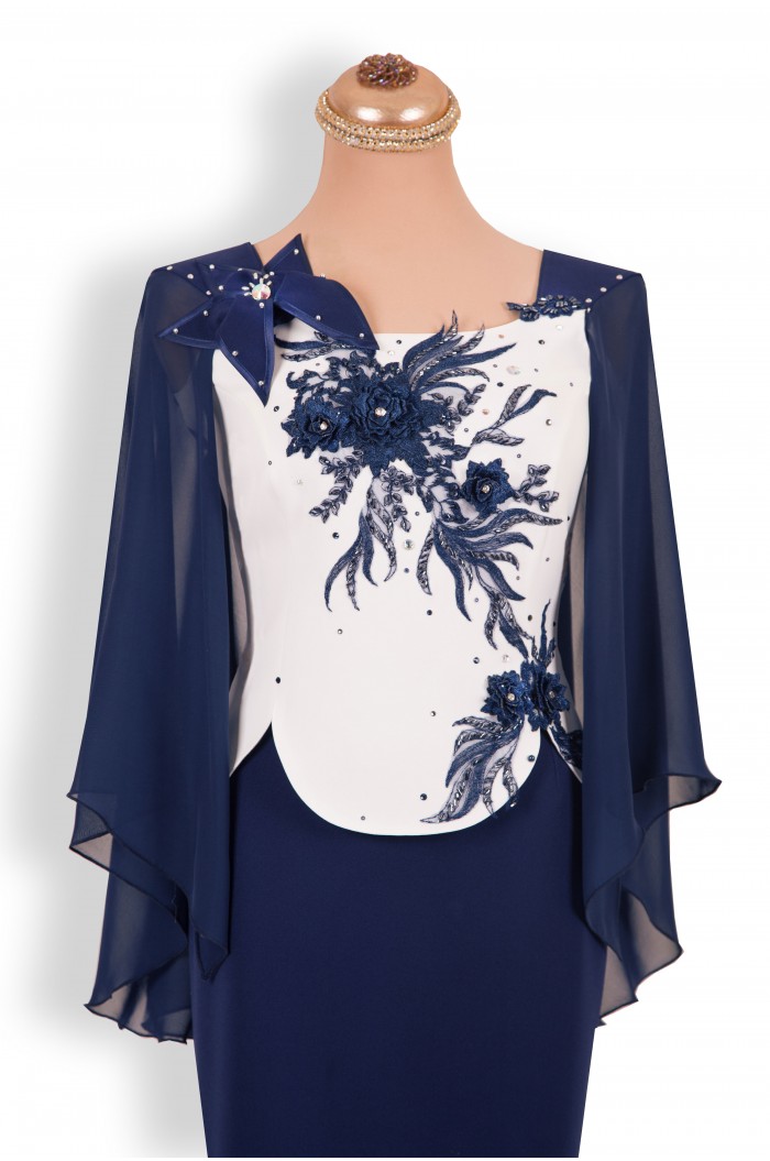 Rochie de Nunta Botez Lunga Bleumarin in 2 Piese cu Dantela si Maneci