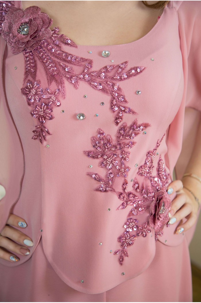 Rochie Versatila Roz Lunga cu Maneci si Dantela Marimi Mari XXL