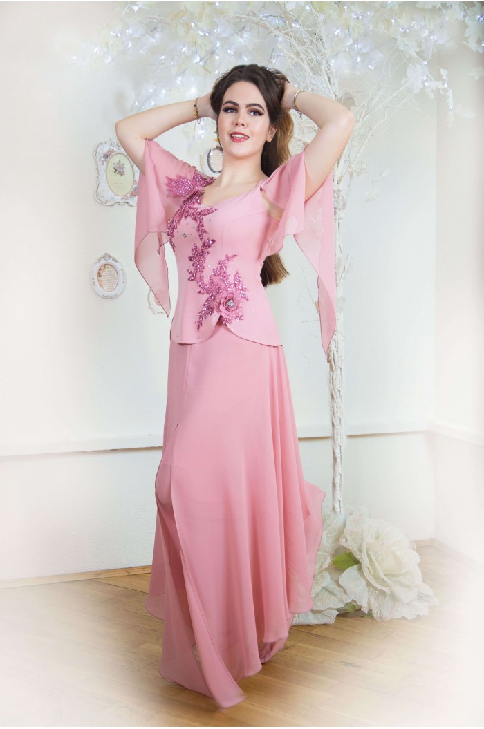 Rochie Versatila Roz Lunga cu Maneci si Dantela Marimi Mari XXL