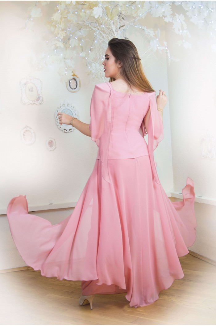 Rochie Versatila Roz Lunga cu Maneci si Dantela Marimi Mari XXL