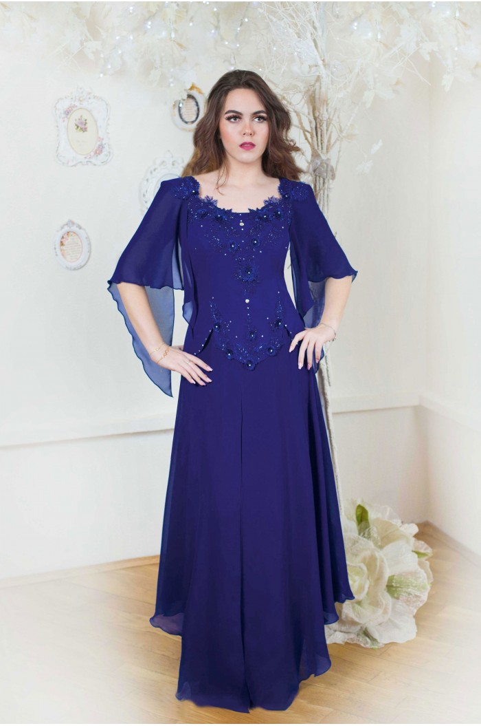 Rochie XXL de Ocazie Bleumarin Lunga cu Fusta de Voal si Maneci