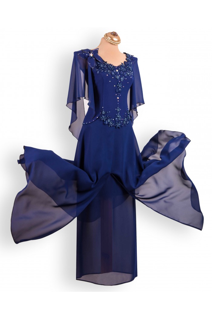 Rochie XXL de Ocazie Bleumarin Lunga cu Fusta de Voal si Maneci