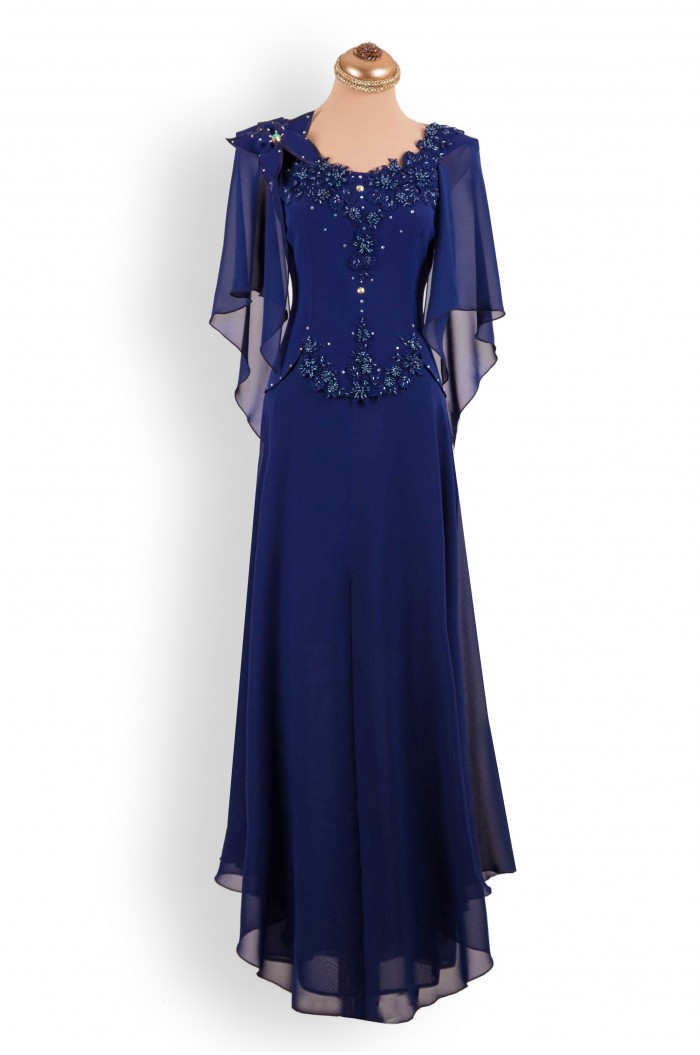 Rochie XXL de Ocazie Bleumarin Lunga cu Fusta de Voal si Maneci