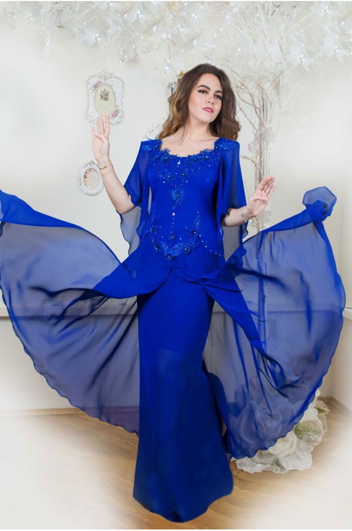 Rochie XXL Marimi Mari de Seara Albastra cu Dantela si Maneci / Rochii Romanesti