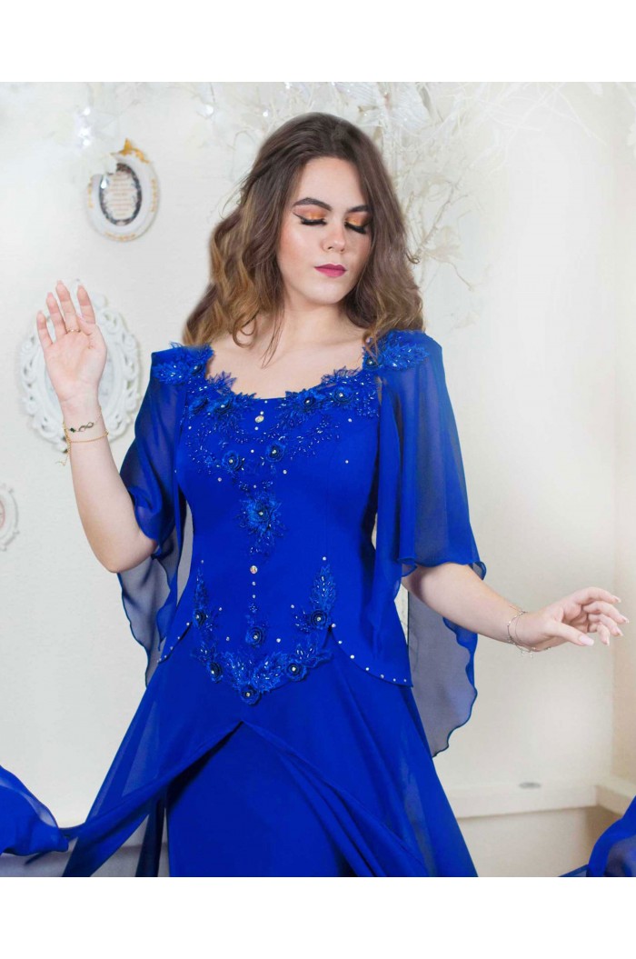 Rochie XXL Marimi Mari de Seara Albastra cu Dantela si Maneci / Rochii Romanesti