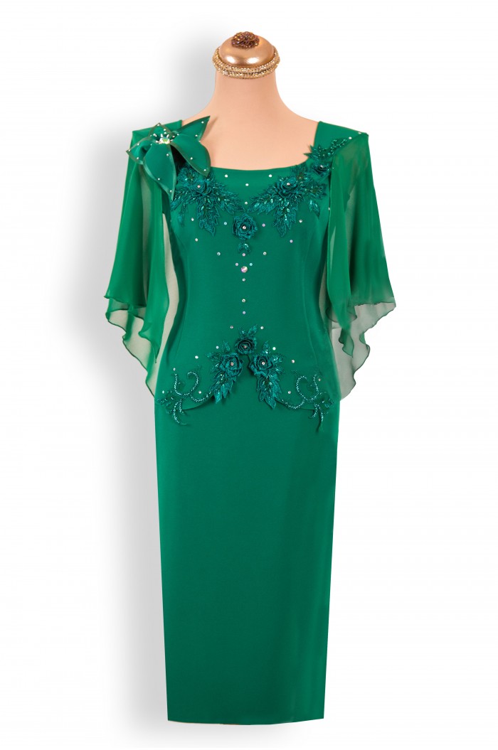Rochie de Seara Midi XXL Verde cu Dantela 3D. Rochie de Ocazie Eleganta