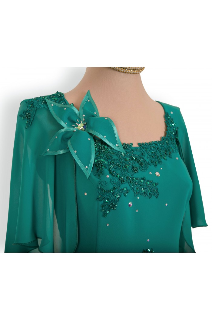 Rochie Lunga Verde Turcoaz cu Floare si Dantela