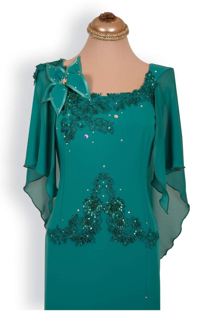 Rochie Lunga Verde Turcoaz cu Floare si Dantela