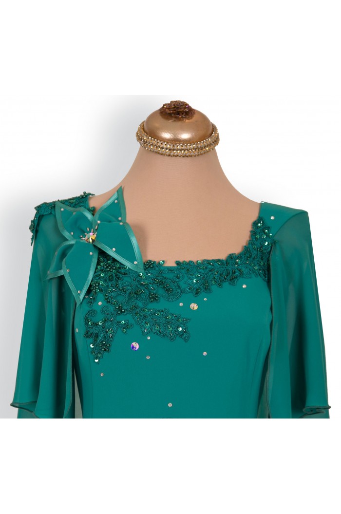 Rochie Lunga Verde Turcoaz cu Floare si Dantela