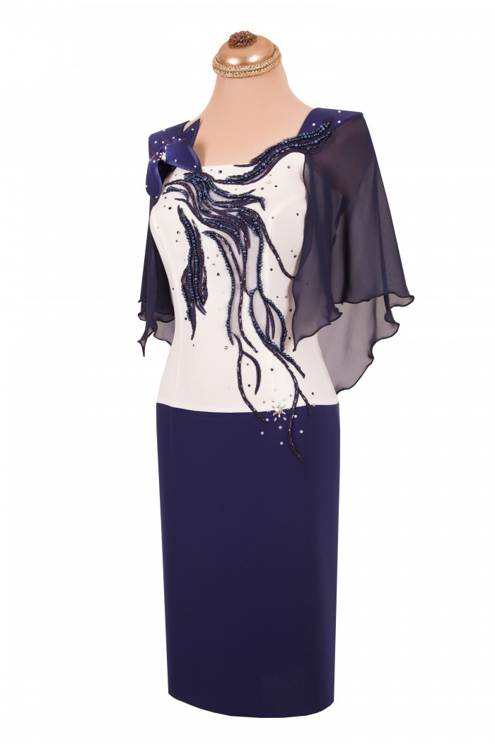 Rochie de Seara Midi Bleumarin cu Alb cu Dantela si Perle