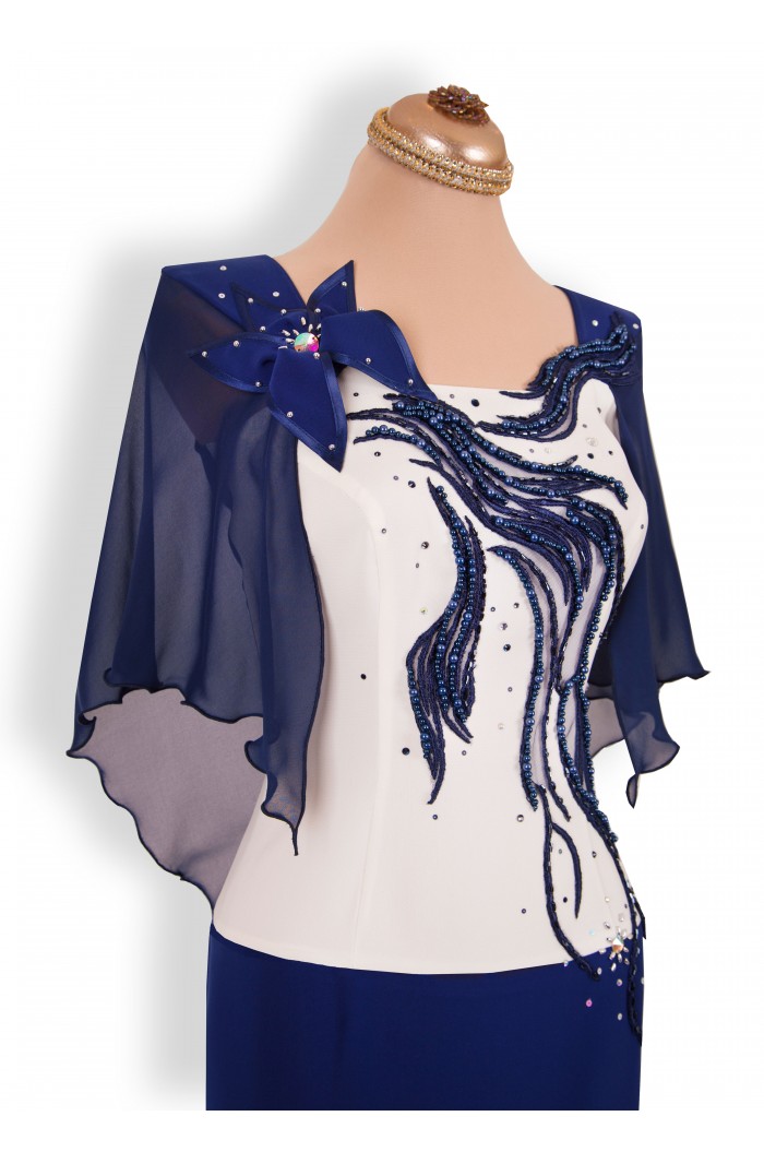 Rochie de Seara Midi Bleumarin cu Alb cu Dantela si Perle