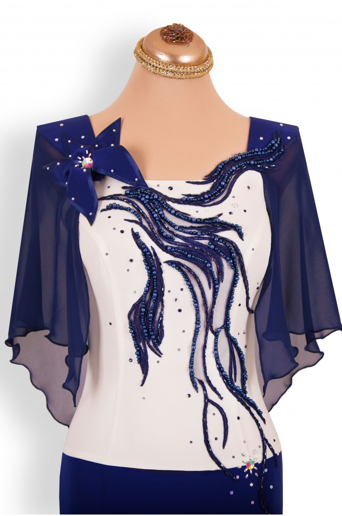 Rochie de Seara Midi Bleumarin cu Alb cu Dantela si Perle