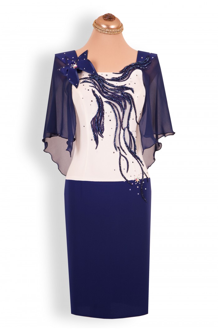 Rochie de Seara Midi Bleumarin cu Alb cu Dantela si Perle