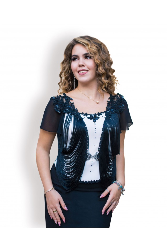 Rochie midi de cocktail cu franjuri negru cu alb