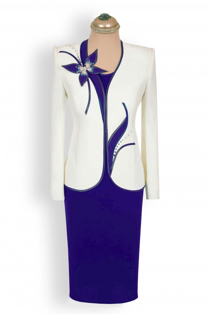 Costum Elegant Dama de Ocazie Bleumarin cu Alb Marimi Mari XXL